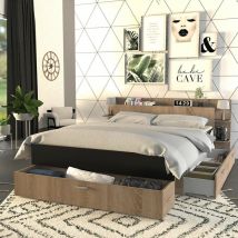 Bett samba 140x190cm + Kopfteil + 2 Schubladen / Schwarz & gebleichte Eiche/ 216x180x80