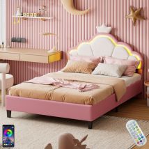 Lit simple 140x200 cm, avec led, tête de lit de couronne réglable en hauteur, app, sommier à lattes en bois, lit princesse capitonné en Velours - Rose