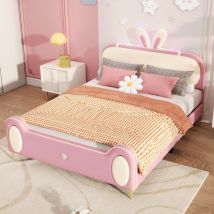 Lit simple 140x200 cm, avec éclairage led, tête de lit en forme d'oreilles de lapin, sommier à lattes en bois, lit princesse capitonné en similicuir