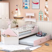 Lit simple 90x200 cm, forme voilier, avec lit escamotable et meubles de rangement, avec sommier à lattes en bois, style marin, adapté aux enfants et