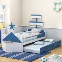 Lit simple 90x200 cm, forme voilier, avec lit escamotable et meubles de rangement, avec sommier à lattes en bois, style marin, adapté aux enfants et