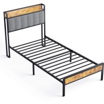 Bealife - Lit Simple 90 x 200 en Métal avec Tête de lit Capitonnée en Tissu pour Rangement Sommier à Lattes Lit Enfant Adolescent Noir et Gris Clair