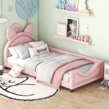 Lit simple 90 x 200, lit enfant, forme d'oreilles en carton, avec sommier et dossier à lattes en bois, rose Okwish