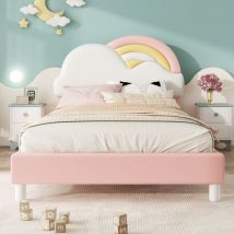Lit simple 90x200 cm, avec tête de lit en nuages arc-en-cie, sommier à lattes en bois, Design, lit princesse capitonné en similicuir - Rose
