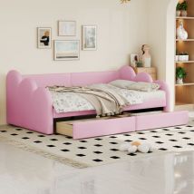 Lit simple 90x200 cm, canapé-lit capitonné avec avec 2 tiroirs, lit enfant en tissu similicuir, rose