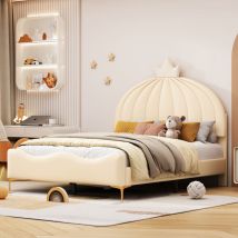 Wishdor - Lit capitonné beige 140x200 cm, lit enfant fille avec tête de lit dessin animé avec moulure de couronne, tissu simili cuir