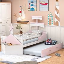 Wishdor - Lit simple 90x200 cm, lit enfant, lit en bois en forme de voilier avec lit gigogne, placard de rangement en bout de lit, rose