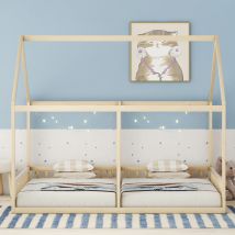 Hauss Spole - Lit double pour enfants, Lit simple 90x200, lit enfant, lit plat maison 2 en 1, Naturel