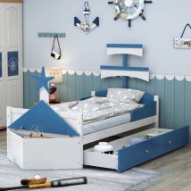 Lit simple 90x200 cm, avec tête de lit en forme de bateau à voile, 2 tiroirs de rangement, sommier à lattes en bois, lit princesse - Bleu