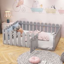 Tanant - Lit simple 140x200cm, Cadre de lit en bois avec Barrière de protection et porte, adapté aux enfants et adolescents - Gris