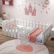 Tanant - Lit simple 90x200cm, Cadre de lit en bois avec Barrière de protection et porte, adapté aux enfants et adolescents - Blanc