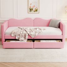 Fortuna Lai - Lit simple 90x200cm, canapé-lit avec 2 tiroirs et sommier à lattes, en tissu ours en peluche, rose