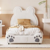 LBF - Lit 90x200cm, lit rembourré Beau en forme d'ours, lit simple plat en velours avec sommier à lattes et tête de lit, sans matelas, blanc