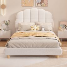 Tanant - Lit simple 90x200cm avec sommier à lattes, avec tête de lit ondulée, tissu velours, lit fille, lit enfant, Blanc