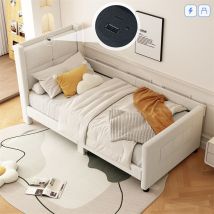 Fortuna Lai - Lit simple 90x200cm, lit plat rembourré avec sommier à lattes et tête de lit avec port usb, coton et lin + mdf, beige