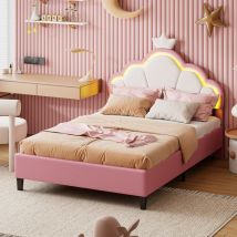 Lit simple 90x200cm - Lit princesse avec éclairage LED, tête de lit forme nuage, sommier à lattes, lit ado, lit adulte, simili cuir - Rose