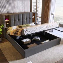 Lit double avec chargement sans fil usb c, cadre de lit rembourré 160x200cm, cadre de lit avec rangements, sommier à lattes en bois et lin naturel