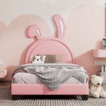 Lit simple capitonné 90x200 cm, avec dossier et tête de lit en forme d'oreilles de lapin, sommier à lattes, avec pieds surélevés, style mignon pour
