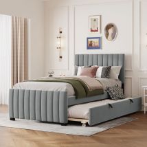 Lit simple capitonné 90x190 cm avec sommier gigogne, sommier à lattes avec tête de lit capitonnée, velours, pour ados et adultes - Gris