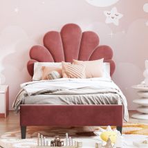 Eifson - Lit simple capitonné 90x200 cm avec tête de lit fleurie, sommier à lattes, tissu velours, adapté aux enfants, adolescents - Rouge haricots