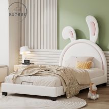 Retrok - Lit simple enfant 90x200cm - tête de lit oreilles de lapin, sommier à lattes bois massif, lit capitonné velours - Blanc