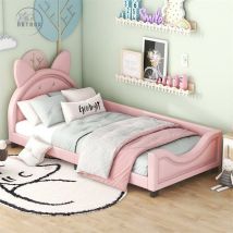 Lit simple d'enfant 90 x 200 cm - lit en forme d'oreilles en carton avec sommier à lattes en bois et dossier - rose