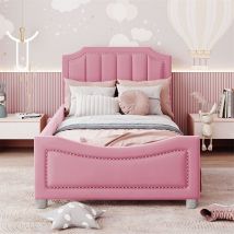 Fortuna Lai - Lit simple d'enfant 90x200cm, lit rembourré en flanelle, lit plat avec 1 entourage latéral, avec sommier à lattes et tête de lit, rose