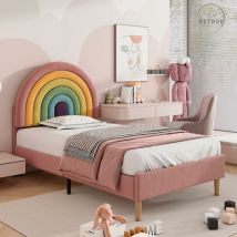 Retrok - Lit simple 90x200cm denfant - lit capitonné avec sommier à lattes en bois et tête de lit réglable en forme de arc-en-ciel - lit en velour