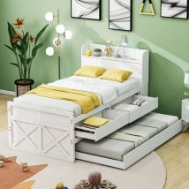 Lit avec tiroirs Lit simple Lit ados 90 x 190 cm avec tiroirs coulissants, table de chevet à lattes avec étagère, prise USB, blanc