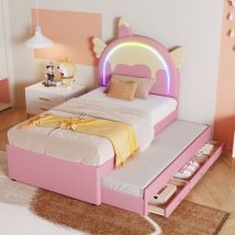 Wishdor - Lit simple enfant 90 x 200 cm en forme de licorne de dessin animé avec lit gigogne, rose