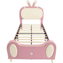 Liberté - Lit simple enfant 90x200 avec bande led et tête de lit en forme de lapin, rose