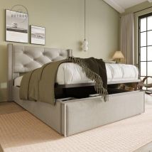 Retrok - Lit coffre 90 x 200 cm - avec sommier à lattes, structure métal, coton, lit capitonné adulte - Beige