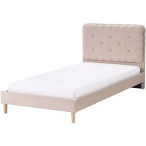Lit Simple Moderne Sommier à Lattes et Tête de Lit Rembourrée 90 x 200 cm en Velours Beige Corsaint