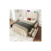 Lit simple rembourré, tête de lit rembourrée avec bandes décoratives dorées et fonction de recharge USB Typ-C 90200 cm, beige lin avec 4 tiroirs