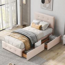 Lit simple tiroirs 90x200 cm - avec 2 tiroirs, sommier à lattes, tête de lit réglable en hauteur, lit enfant, velours - Beige foncé