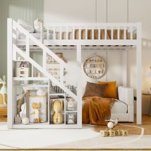 Lit superposé 90 x 200,lit mezzanine 2 places,lit mezzanine enfant avec armoire intégrée,étagère de rangement,cadre de lit en pin massif,lit ado,blanc