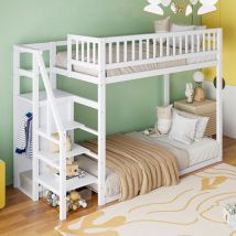 Redom - Lit superposé, 90200cm, balustrade, bois de pin, En747, marches escamotables, armoire, sans matelas, blanc