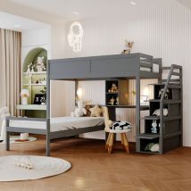 Lit superposé 90200cm, escalier de sécurité avec compartiment de rangement caché, compartiment de rangement de bureau, conception de clôture haute