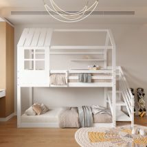 Lit superposé 90x200 cm, 2 places, avec fenêtres, toit, escalier, sommier à lattes, clôture de sécurité, lit enfant princesse en bois - Blanc