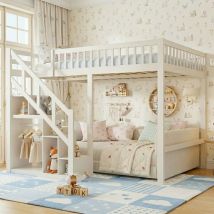 Lit superposé 90x200 cm, avec escalier de rangement, cintre, barrière antichute, sommier à lattes, adapté aux enfants et adolescents - Blanc