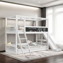 Lit superposé 90x200 cm avec toboggan,deux lits enfants avec tableau noir,étagère de rangement,sommier à lattes,lit mezzanine 2 places,barrière de