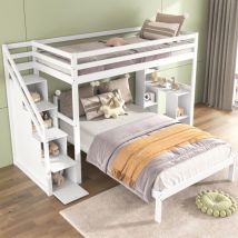 Lit superposé 90x200 cm+120x200 cm, avec escalier de rangement, bureau, compartiment de rangement, grand espace de rangement, pin + mdf, lit enfant