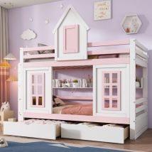 Lit superposé 90x200 cm, avec 2 tiroirs, fenêtres, Design de château enchanteur, escalier, sommier à lattes, clôture de sécurité, lit princesse en
