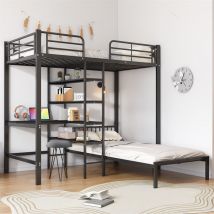 Fortuna Lai - Lit superposé 90x200cm, avec table et échelle commme 5 niveax de étagères de rangements, anti-chute, fer + mdf, noir