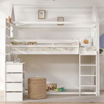 Lit superposé 90x200cm - lit cabane enfant avec 1x sommier à lattes et table, étagère ouverte, 2 fenêtres - pin+MDF, blanc