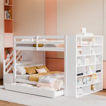 Lit superposé 90x200cm - lit enfant avec 2x sommier à lattes, escalier avec rangement, 2 tiroirs et grands casiers - lit en pin Blanc