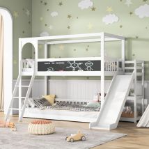 Fortuna Lai - Lit superposé 90x200cm pour enfant - lit 2 places avec étagères, toboggan, tableau noir, échelles - blanc