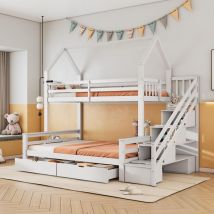 Lit superposé 90x200 cm/140x200 cm, avec 2 tiroirs, escalier de rangement, sommiers à lattes en pin, lit enfant - blanc