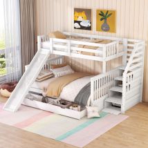 Lit superposé 90x200cm+140x200cm - Lit d'enfant 2 places avec 2 tiroirs, toboggan, escalier de rangement, antichute - en bois blanc