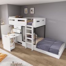 Lit superposé avec bureau gigogne et armoire, lit enfant multifonctionnel, lit superposé enfant, avec tiroir & étagères & échelles, grand espace de